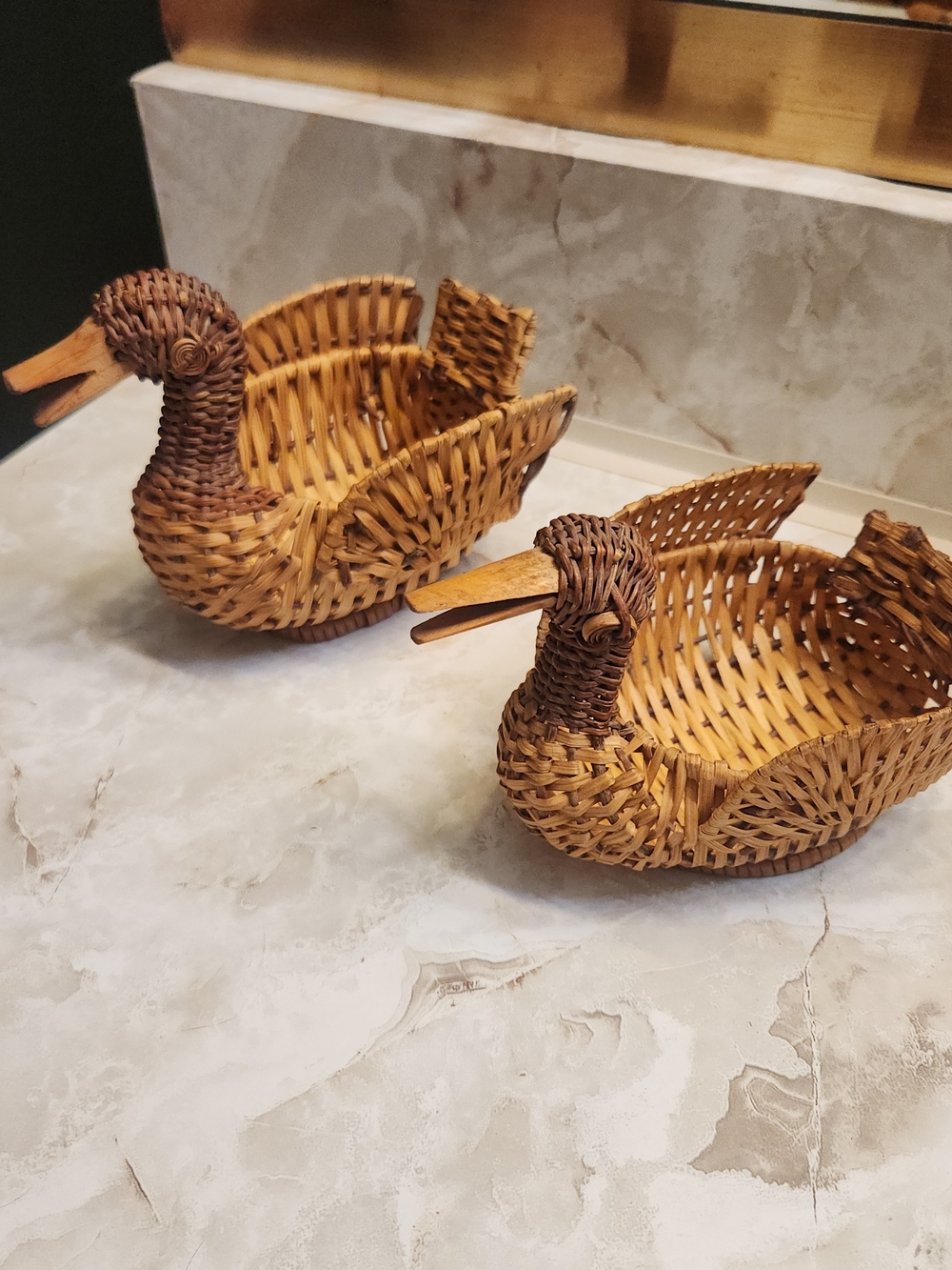 Woven Duck Basket Pair - Natural Brown Rattan Cottagecore